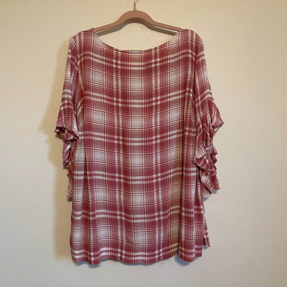 🔥 Chaps | Pink/White Plaid Bell-Sleeve Ruffled Blouse 1X - Picture 3 of 6